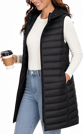 ELFJOY Long Puffer Vest Women Sleeveless Down Vest with Hood