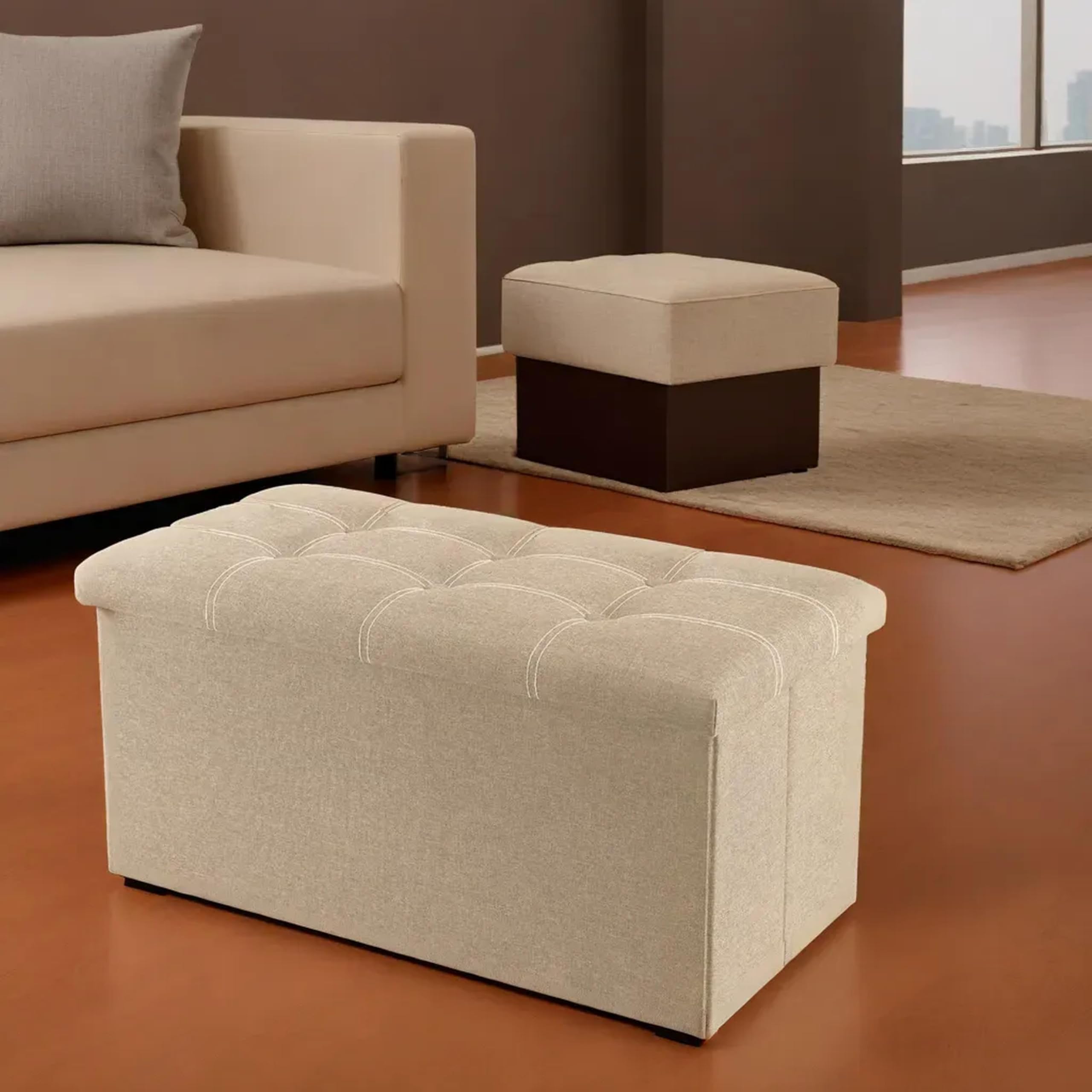 Larihk Retail Ottoman Storage Ottoman Footrest Stool Small Ottoman with Storage Foldable Ottoman Foot Rest Footstool Bench for Living Room (Beige, 76X38X38 CM)