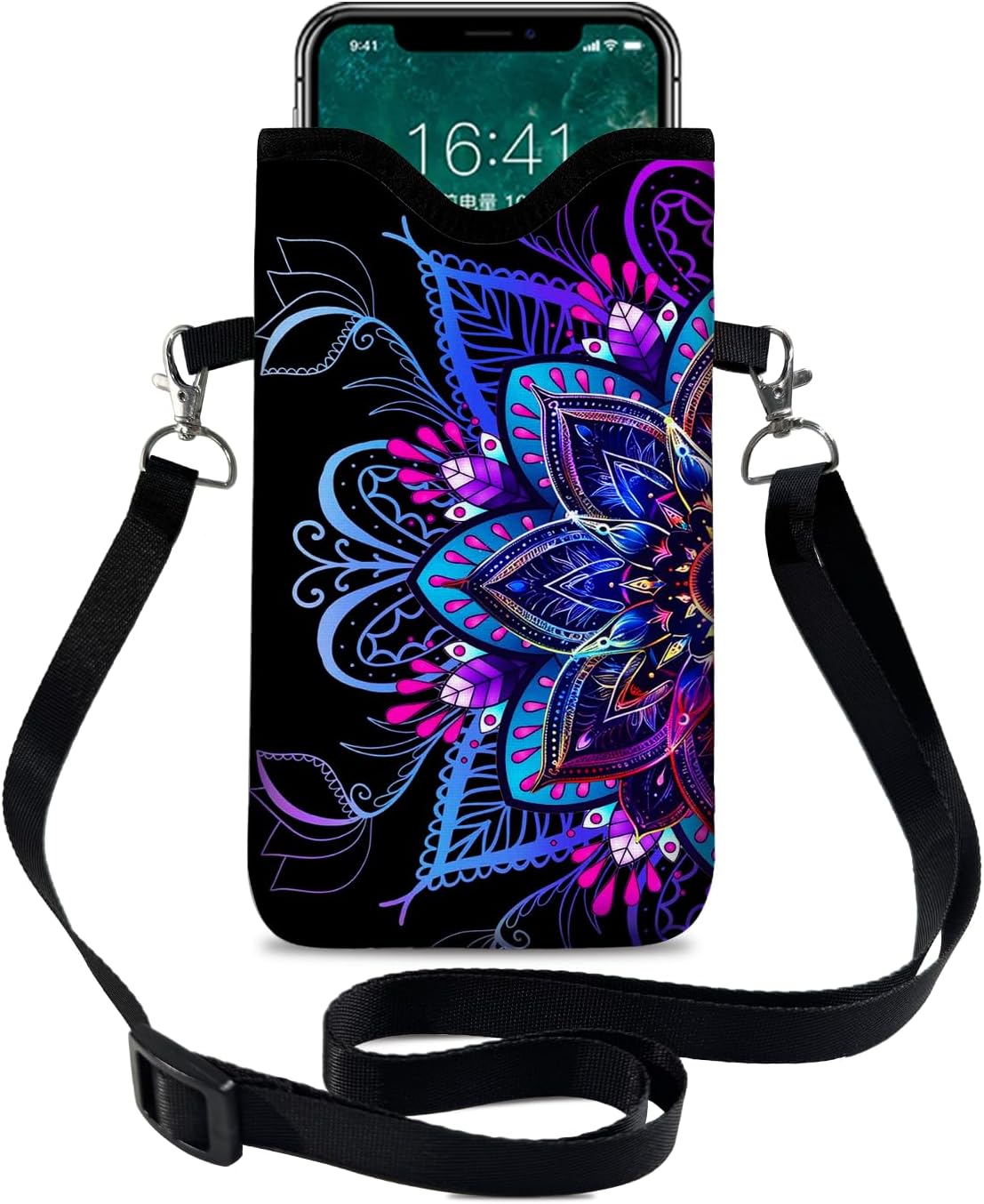 otilil Neoprene Cell Phone Sleeve Pouch Case Bag with Crossbody Strap Neck Lanyard for Women 7.1 X 3.9 in Purple Flower