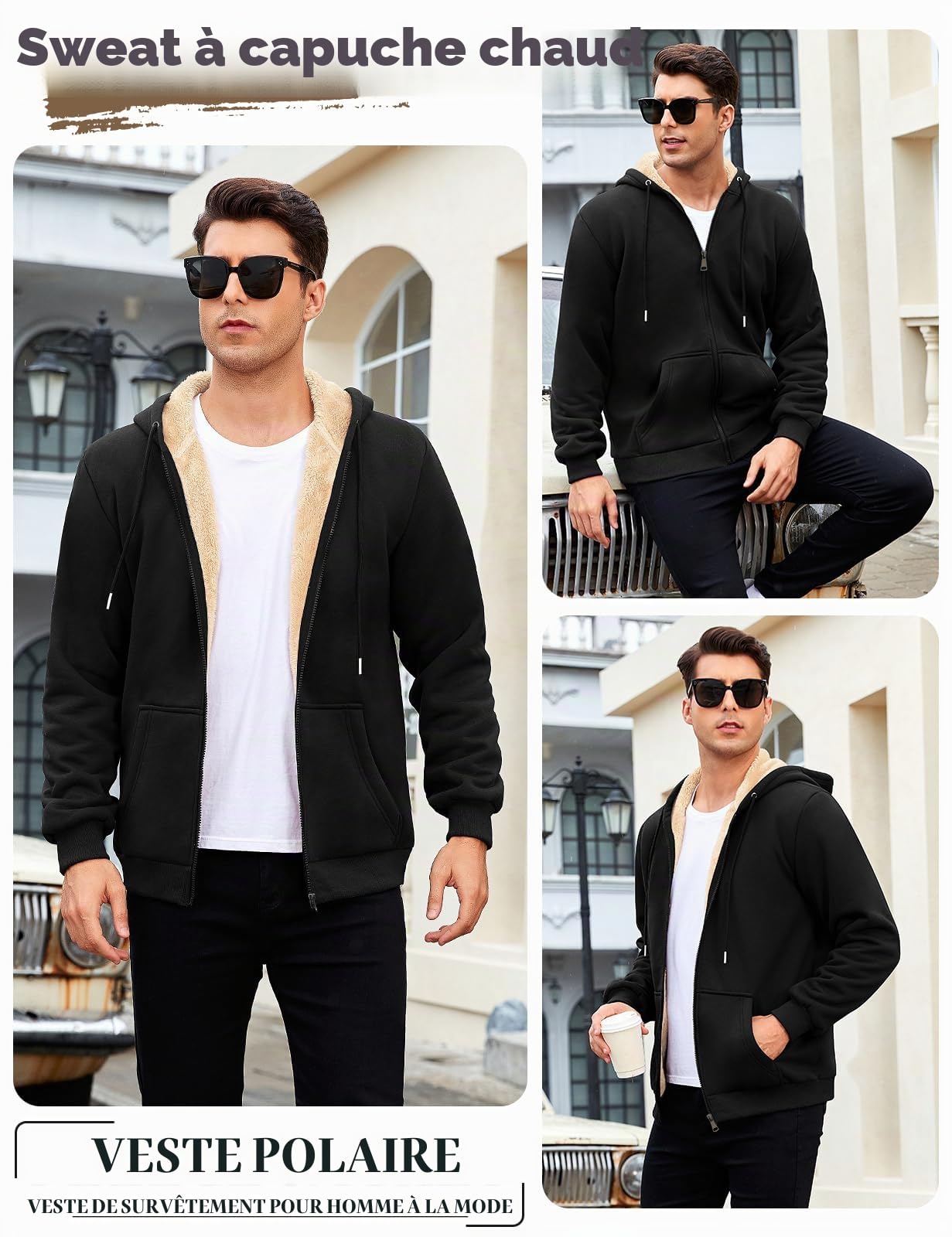 TOMEEK Sweat Homme Polaire Sweat à Capuche Veste Hiver Chaud avec Zippée Thermique Sherpa Manteaux avec Poches Manches Longues Zippé Blouson Casual Travail Sport