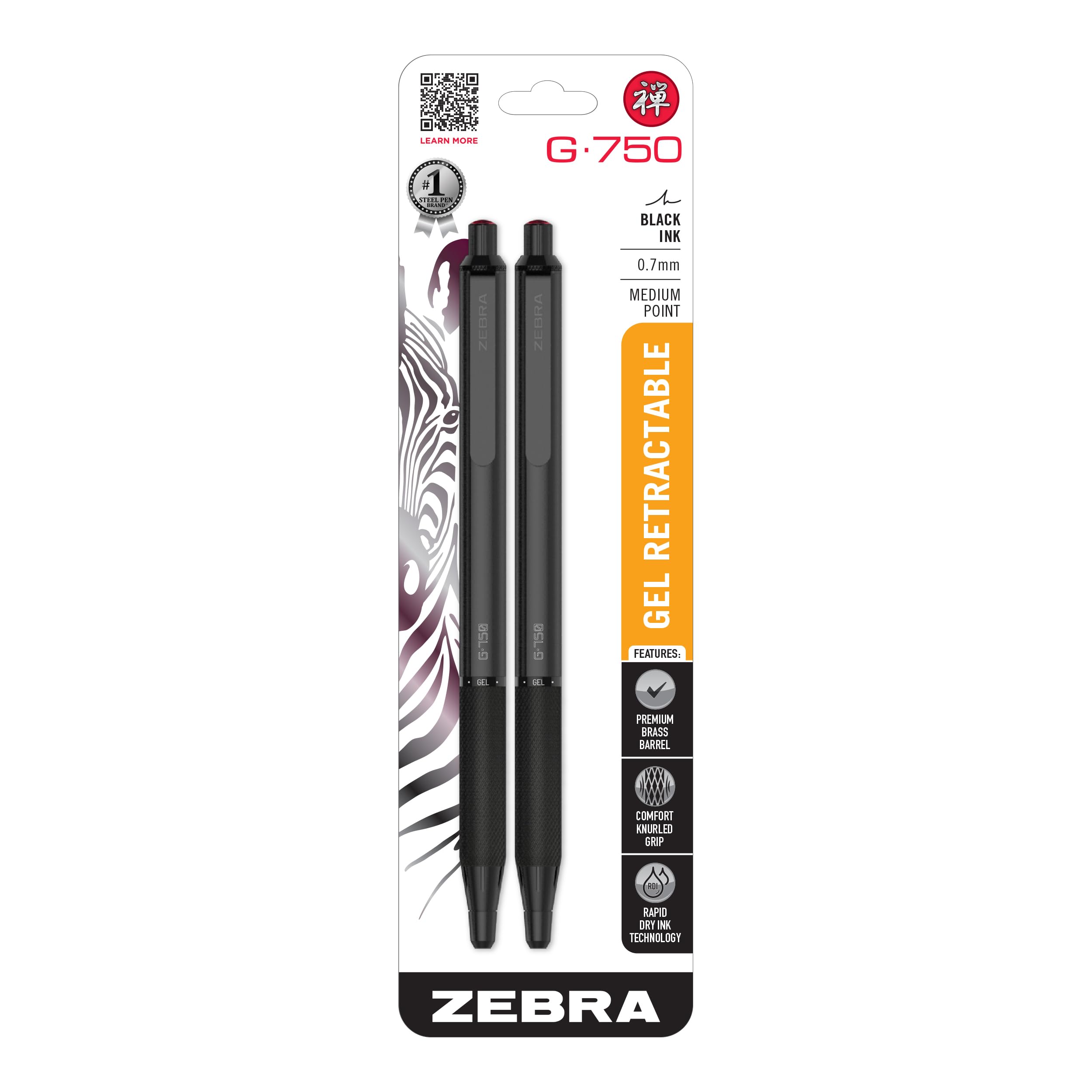 G-750 Retractable Gel Pen 2-Pack, Black Ink, 0.7mm Medium Point, Premium and Durable Black Brass Barrel, Textured Grip, Rapid Dry Ink, Secure Metal Clip, Refillable (49812)
