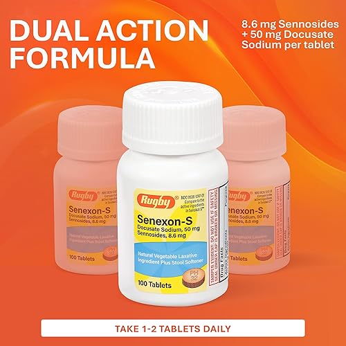 Miniatura 3 de Rugby Senexon-S - Ingrediente laxante vegetal natural más suavizante de heces, alivio del estreñimiento, Docusate Sodium 50 mg, senósidos 8.6 mg -