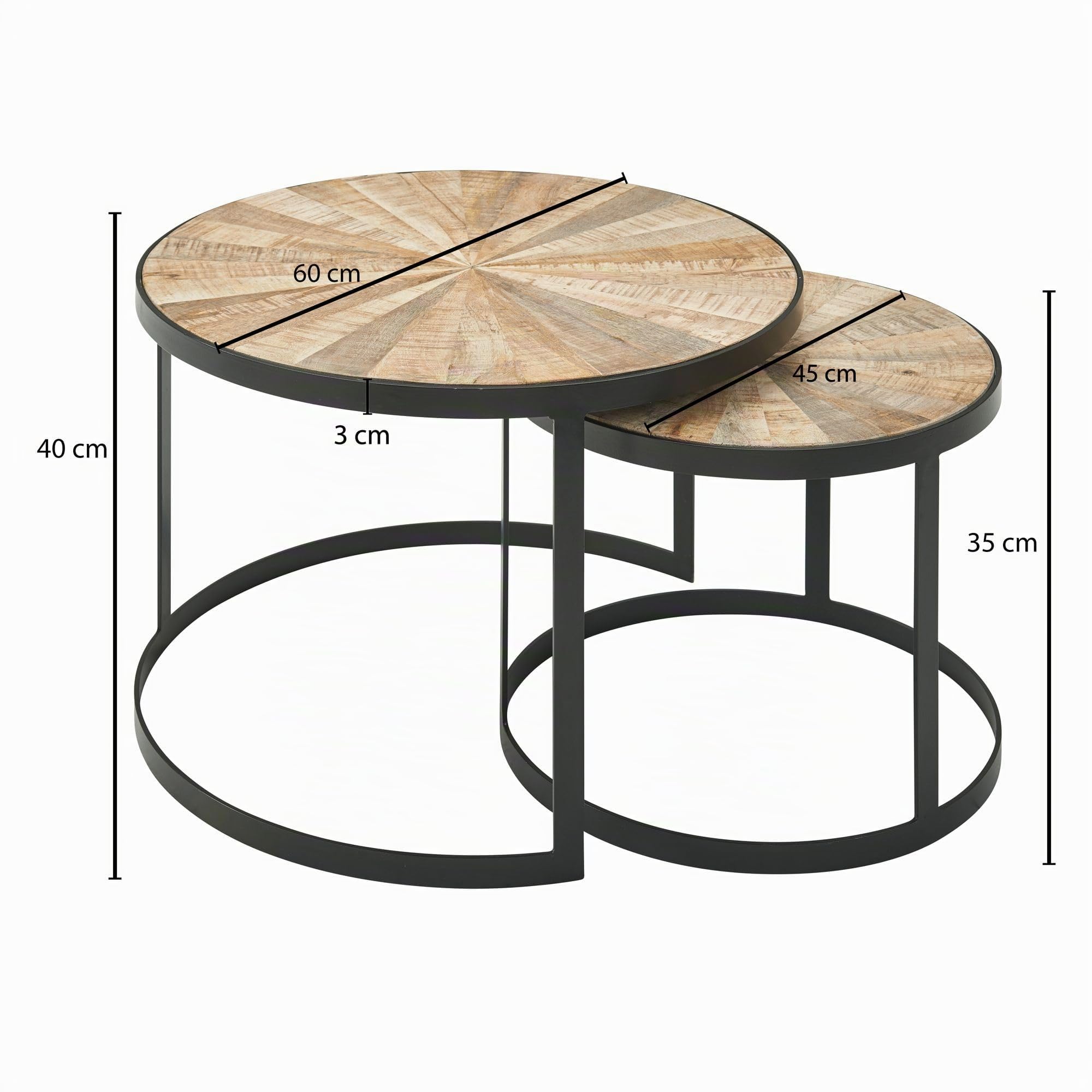 FineBuy Couchtisch 2er Set Mango Massivholz Rund Braun, Satztisch