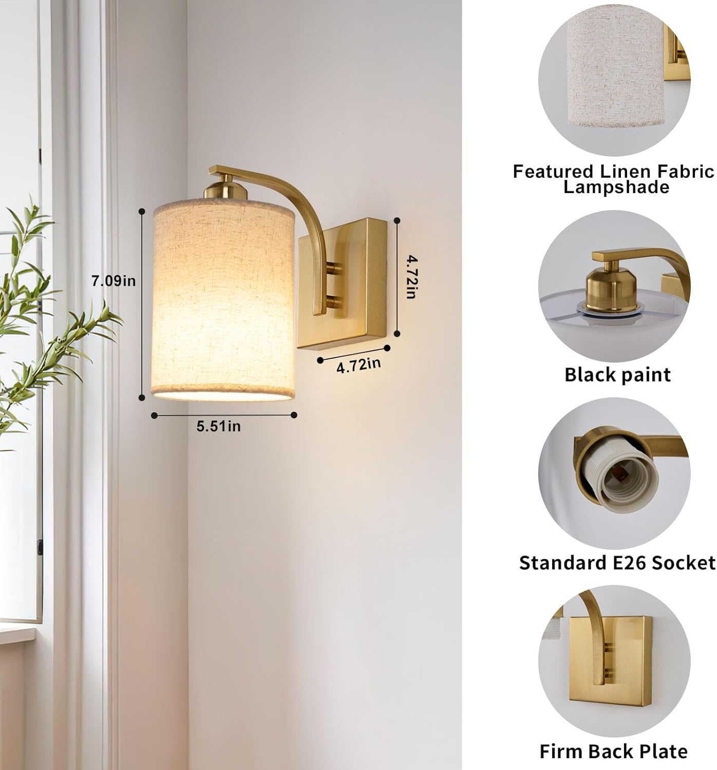 Gold Rechargeable Battery Operated Wall Sconces Set of 2 with Remote, Wireless Dimmable Battery Powered LED Wall Lights, Cordless Wall Lighting Lamp Fixture for Bedroom Living Room