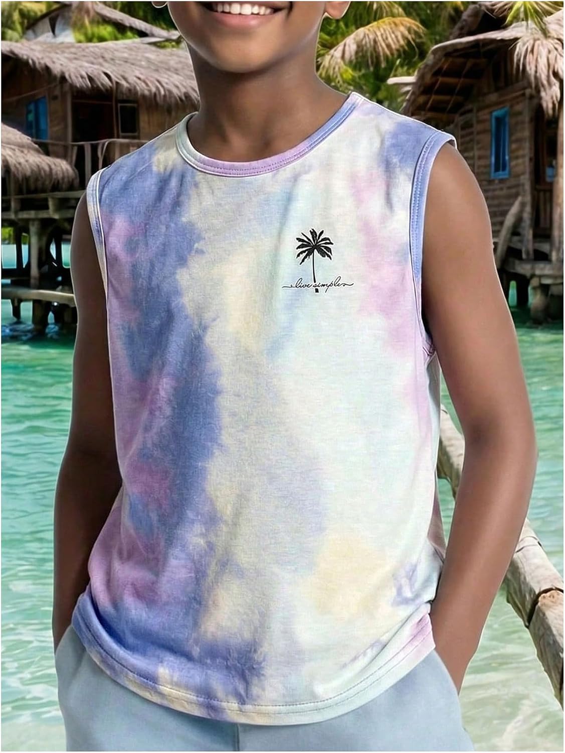 Floerns Boy's Tie Dye Sleeveless Tank Top Crewneck Hawaiian Tree Print Shirts
