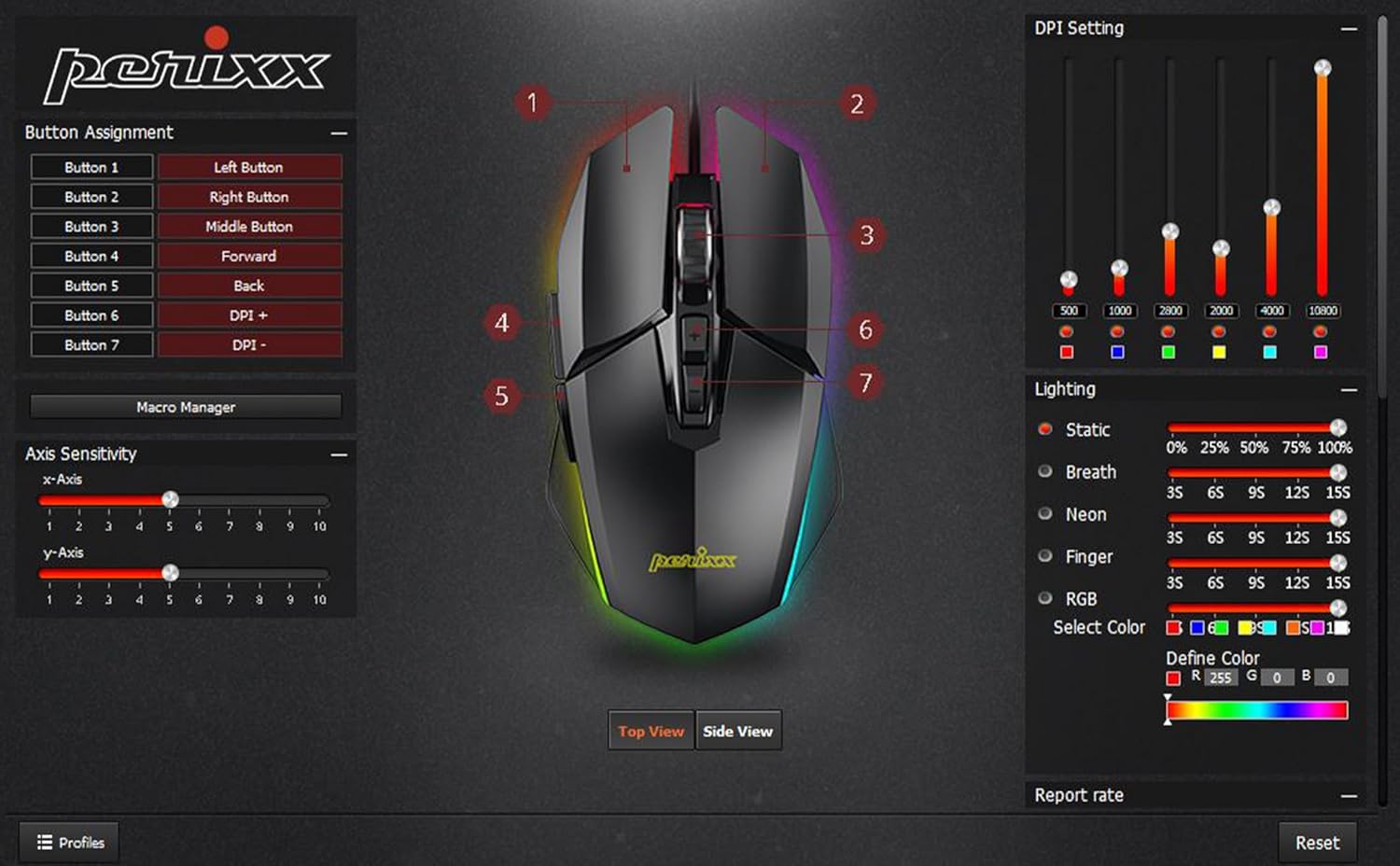Perixx MX-2500B Wired Gaming Mouse, 5 Adjustable DPI Presets 500-10,800, RGB Lighting, 7 Programmable Buttons, Omron Switches, Ergonomic Design for PC Computer Gaming, Black (11724)