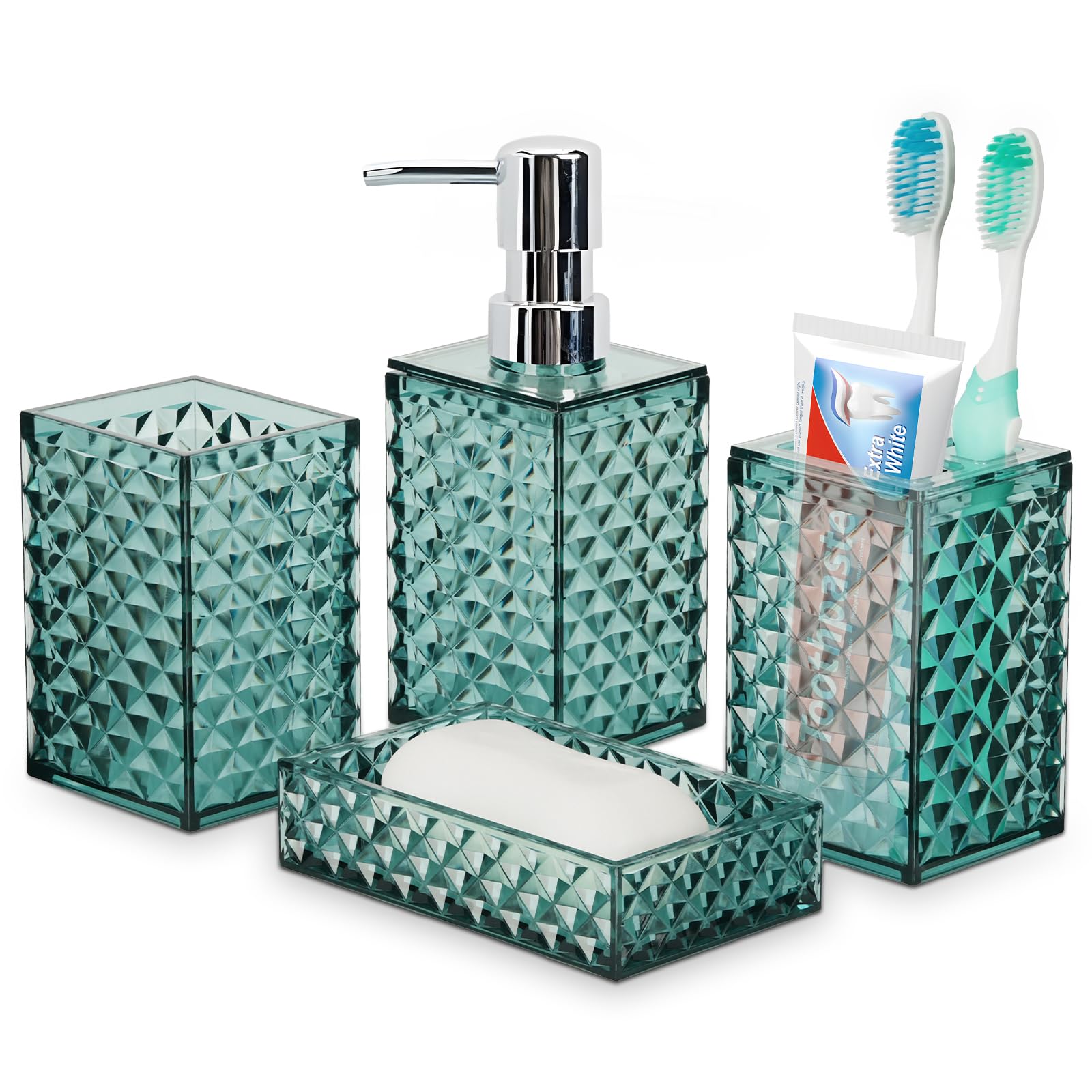 Juego de 4 accesorios de baño, juego de accesorios de plástico transparente azul, dispensador de jabón, soporte para cepillo de dientes, soporte Qtip y jabonera