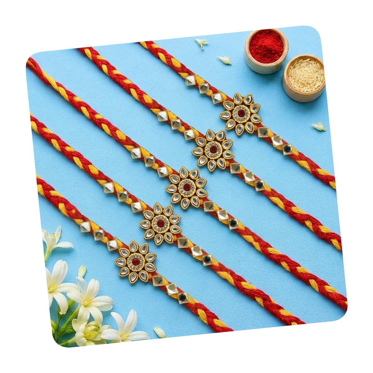 Stone Rakhi for Brother Pack of 3 - Handmade Rakhi - Traditional Mauli Thread Rakhi with Roli Chawal Tilak Set-image-21