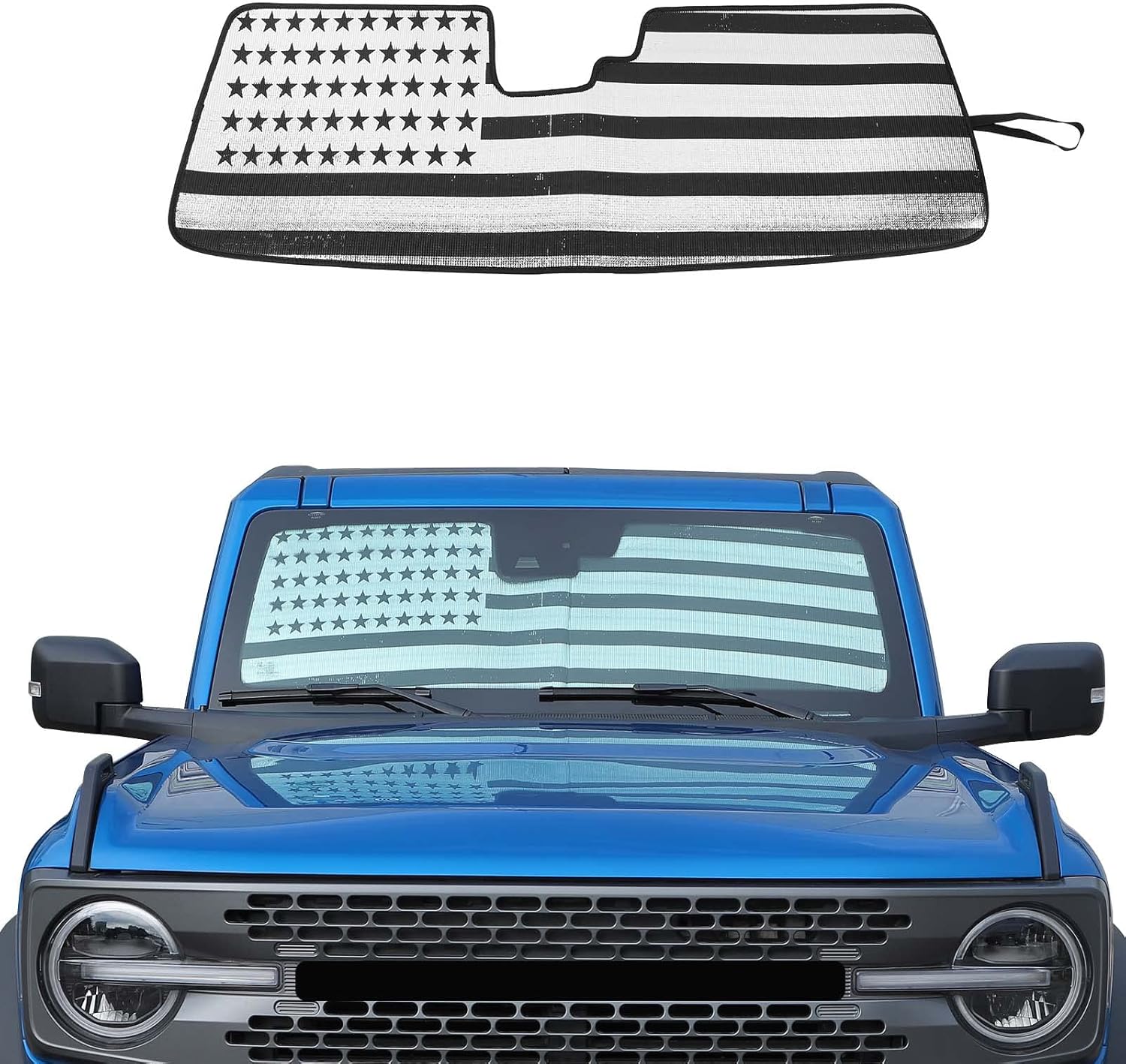 JWWY Windshield Sunshade Window Sun Shade for 2021-2026+ Ford Bronco Accessories,Foldable Sun Shield Upgrade Reflective Polyester Cover Block Heat and Block UV Rays US Flag