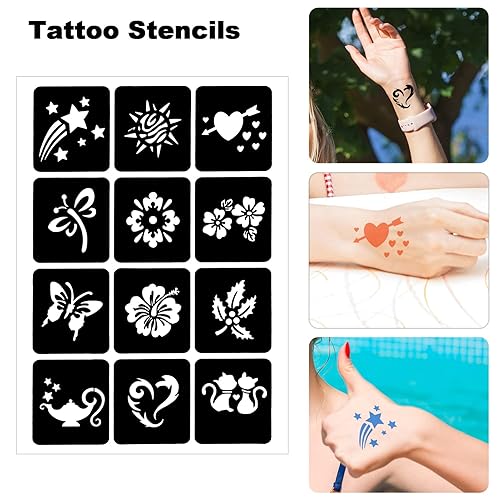 Miniatura 5 de Plantillas de tatuaje para niños y adultos – Kit de 16 hojas de henna con diseños pequeños y grandes para tatuajes reales – esqueleto, araña, búho,
