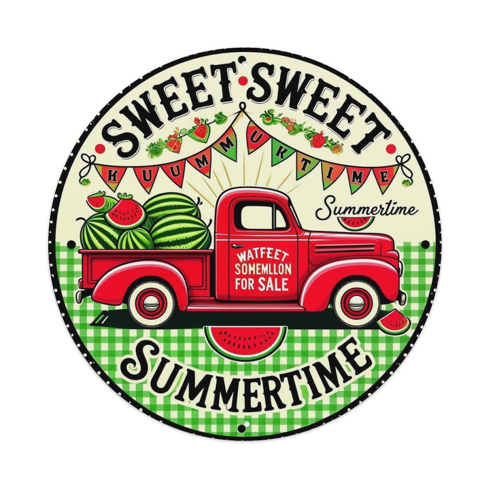 Sweet Sweet Summertime Watermelon Truck Retro Metal Sign Round Tin Sign, Vintage Decor Art Poster for Bar, Home, Man Cave, Kitchen, Laundry Room Gift 8x8Inch