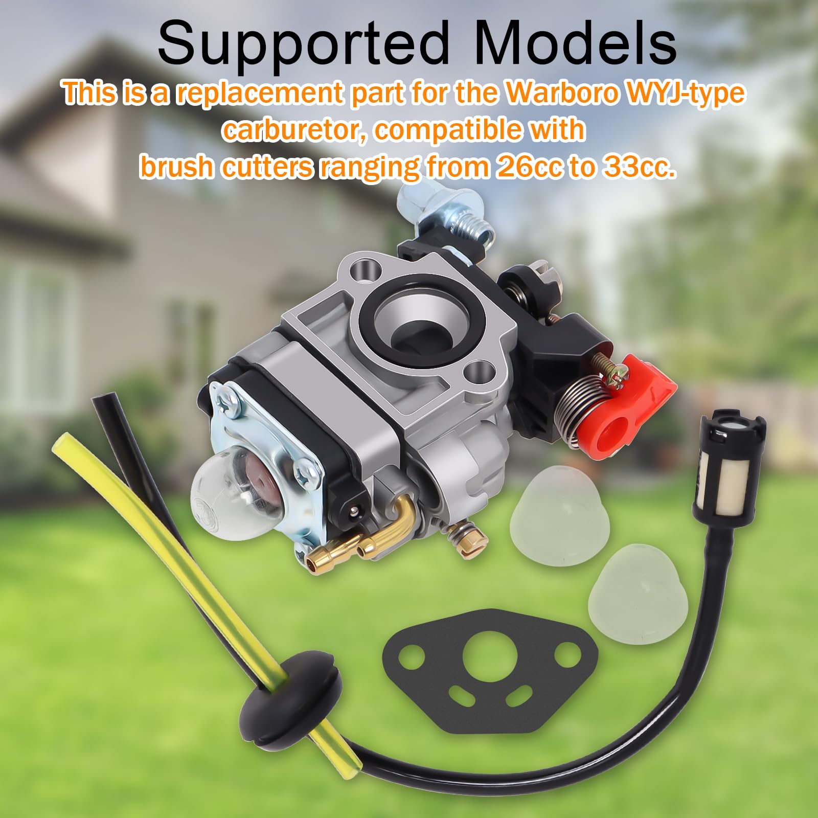 Carburateur Compatible avec Walbro Type WYJ 26cc-33cc Débroussailleuses et Tondeuses à Gazon avec Entretoise de Pompe Primaire Ensemble de Tuyaux de Carburant Déplacement par Poweka