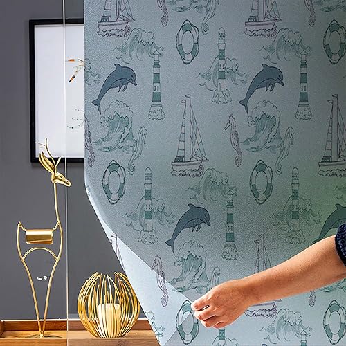 Miniatura 5 de Películas de ventana con patrón náutico, delfín con caballito de mar, barco, faro, decoración del hogar, película de ventana para sala de estar y