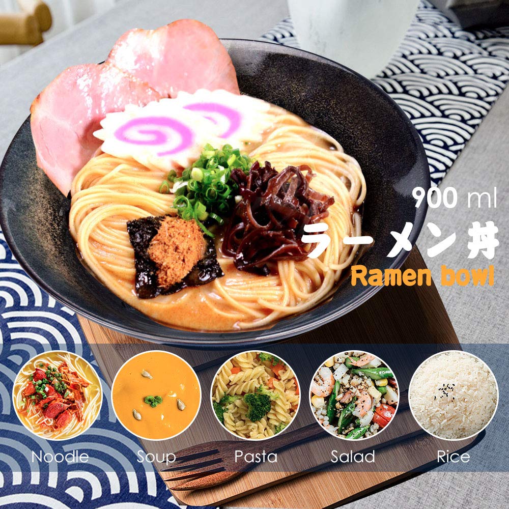 Genérico Tazón de Porcelana para Sopa de Fideos Ramen con Palillos y cucharas, 2 tazones japoneses Grandes de 900 ml para Udon, pho, Pasta y ensaladas, tazones para Cereales y Fideos.