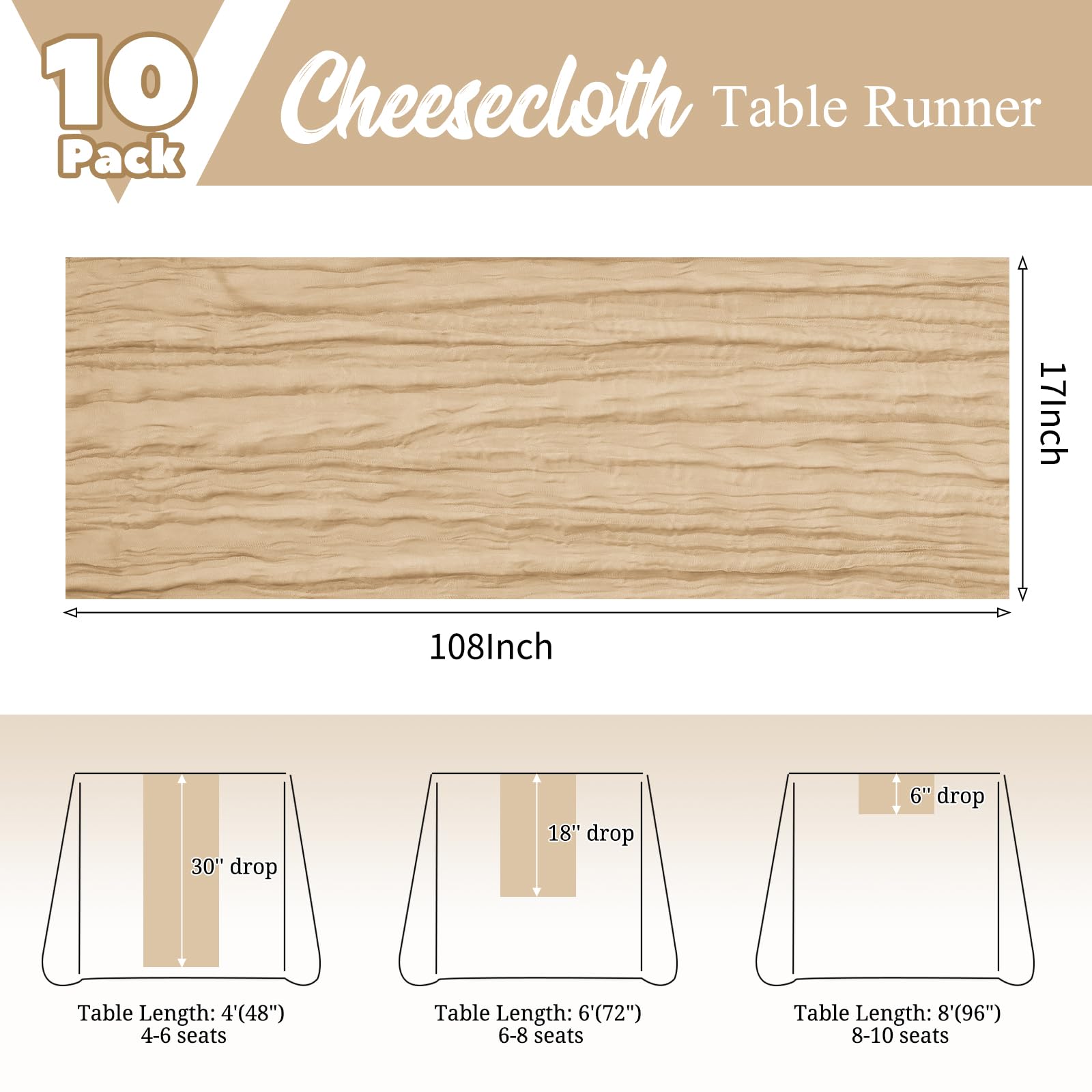 Paquete de 10 caminos de mesa beige de 43 x 274 cm, camino de mesa de gasa rústico, bohemio, tela transparente, camino de mesa para boda, fiesta, novia, baby shower, cumpleaños, decoración de mesa de