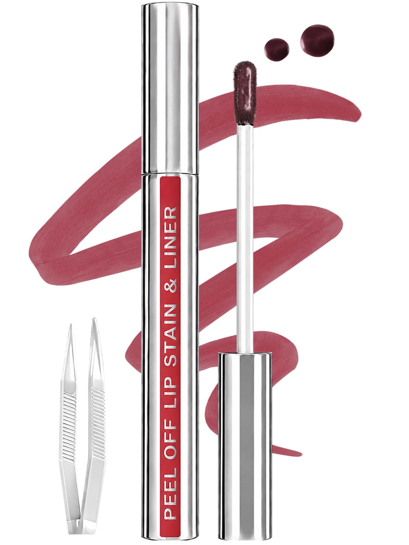 Lip Stain Peel Off Lip Liner Stain with Tweezer, Long Lasting Matte Lip Tint Tattoo, Highly Pigmented Color Lip Makeup, Waterproof Lipstick, Transfer-proof Lipstain for Women, Toffee Rose