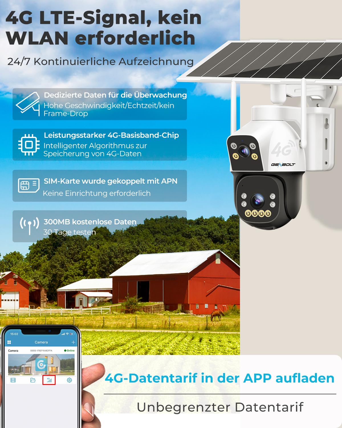 GENBOLT 4G AOV Mobilfunk Solar Überwachungskamera Aussen Kabellose 15600mAh | 7/24-Aufzeichnung,3MP*2,kein WLAN,KI-Erkennung,Automatische Verfolgung,Cloud-Speicher
