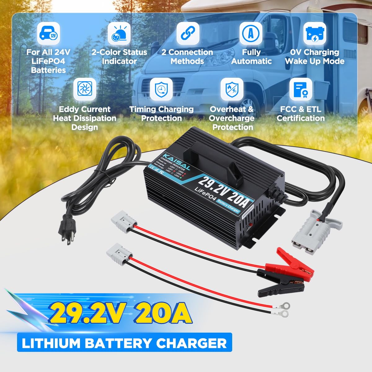 24V 20A Lithium Battery Charger 29.2V LiFePO4 Battery Charger 24 Volt Lithium Charger 0V Wake Up LiFePO4 Charger with Indicators, 2 Connectors for 25.6V LiFePO4 Battery of RV, Boat,Truck,Marine, Solar