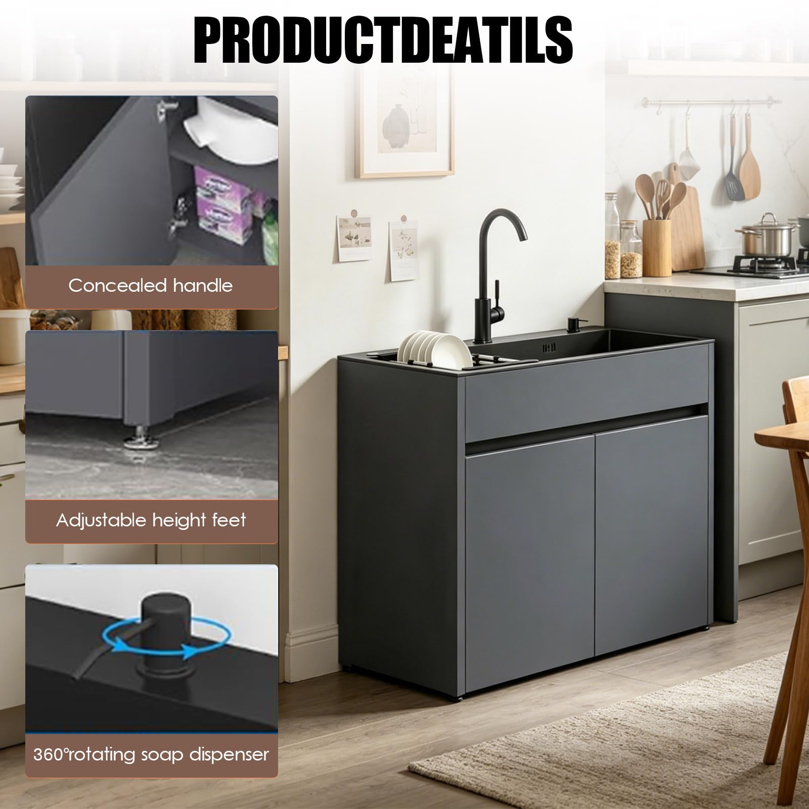 Mueble Fregadero con Cubeta de Acero Inoxidable Negro para Lavadero y Garaje, armario de almacenamiento de aluminio de panel de abeja con grifo, dispensador de jabón y cesta extraíble, ajustable