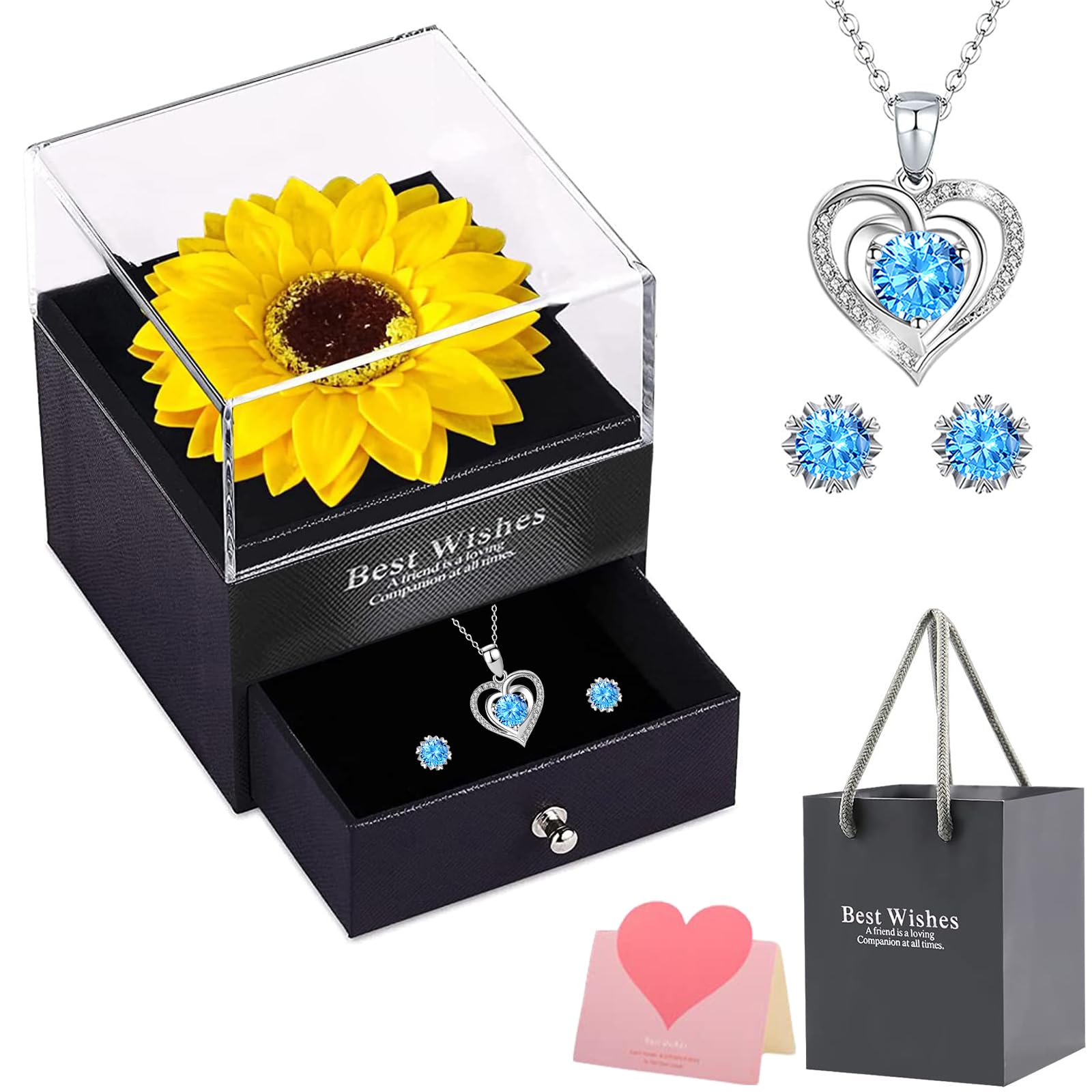 Squisita scatola regalo di girasole conservata con collana a forma di cuore, per donne per San Valentino, festa della mamma, anniversario, compleanno per mamma, sorella, moglie