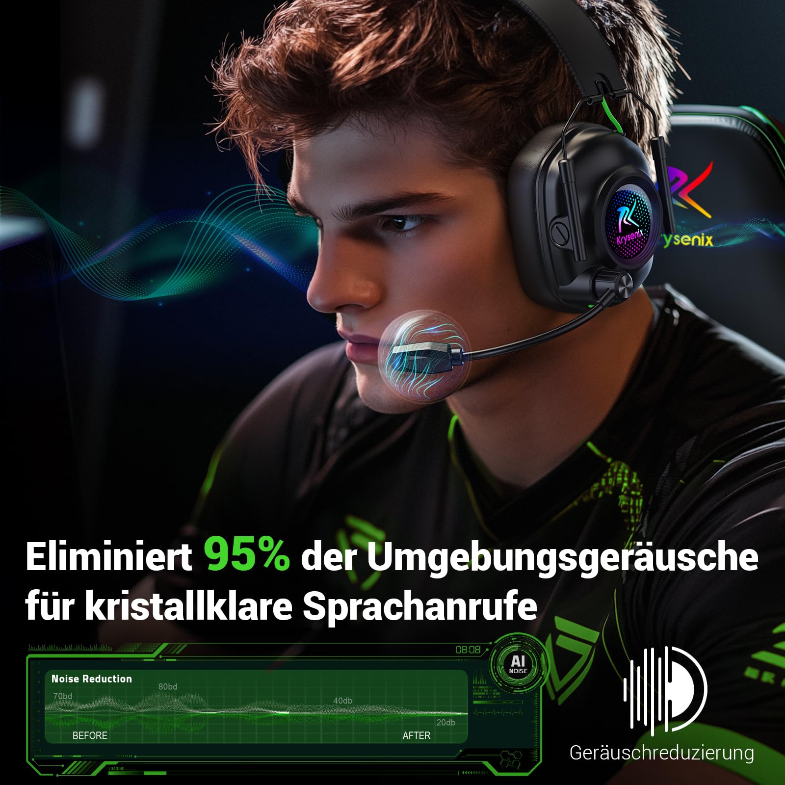 Krysenix KGH2 Gaming Headset Wireless, 2,4G Gaming Headset für PC, PS4, PS5, Mac, Switch, Bluetooth Kopfhörer Mit Mikrofon Geräuschunterdrückung, LED Licht, 40 Stunden Akkulaufzeit, Schwarz