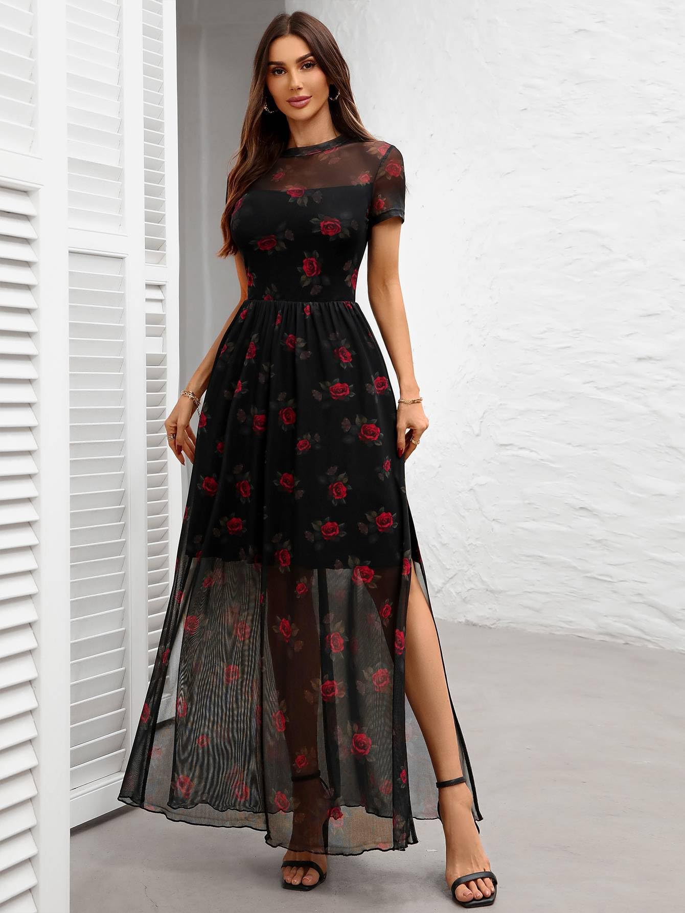 GothDark Women's Mesh Dress Short Sleeve Round Collar Floral Print High Slit Waist-Cinched Wedding Guest Maxi Dresses