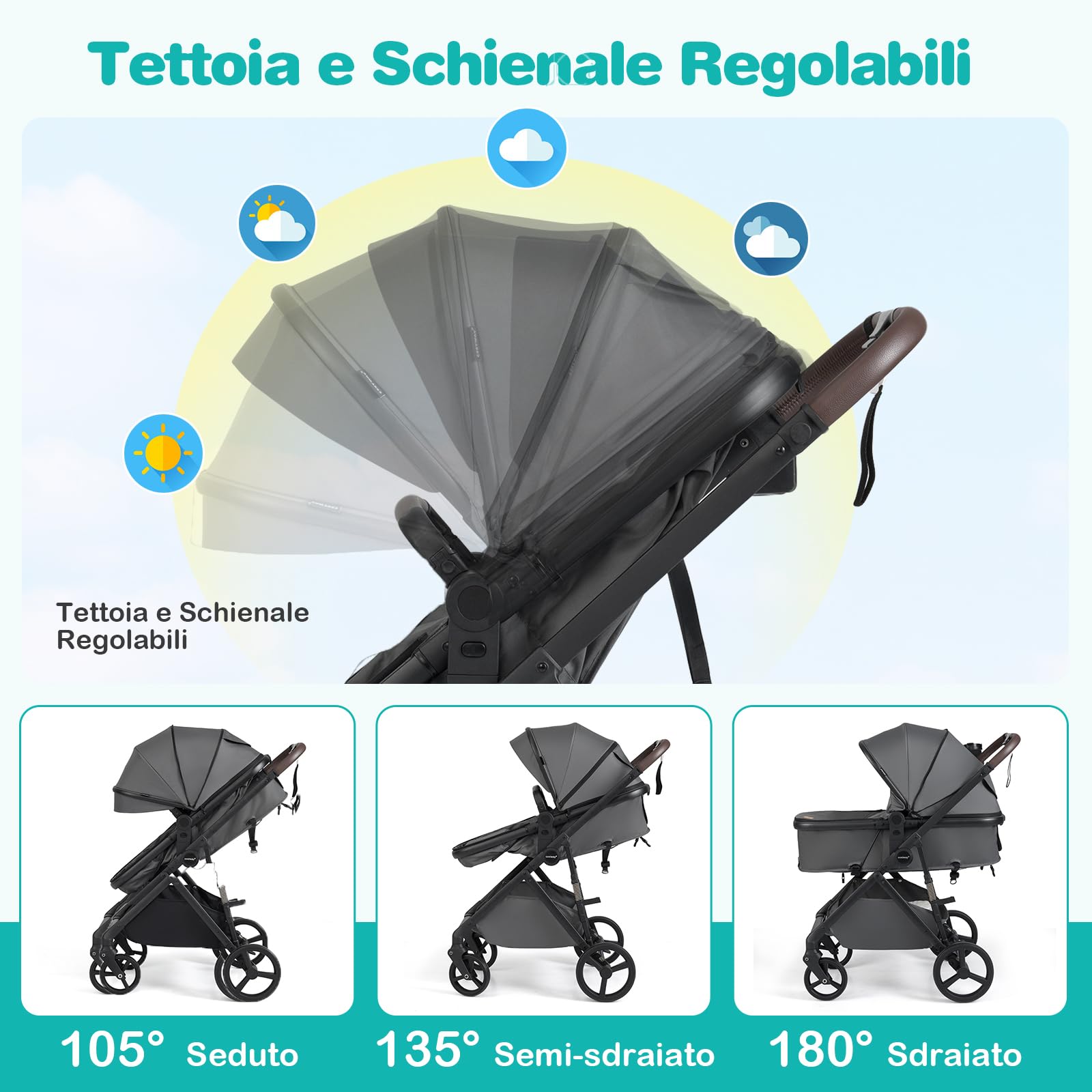 COSTWAY 2 in 1 Passeggino Leggero Pieghevole per Bambini, con Schienale Regolabile, Sedile Reversibile, Tettuccio, Cestello Portaoeggetti, per Neonati per 0-36 Mesi (Grigio)