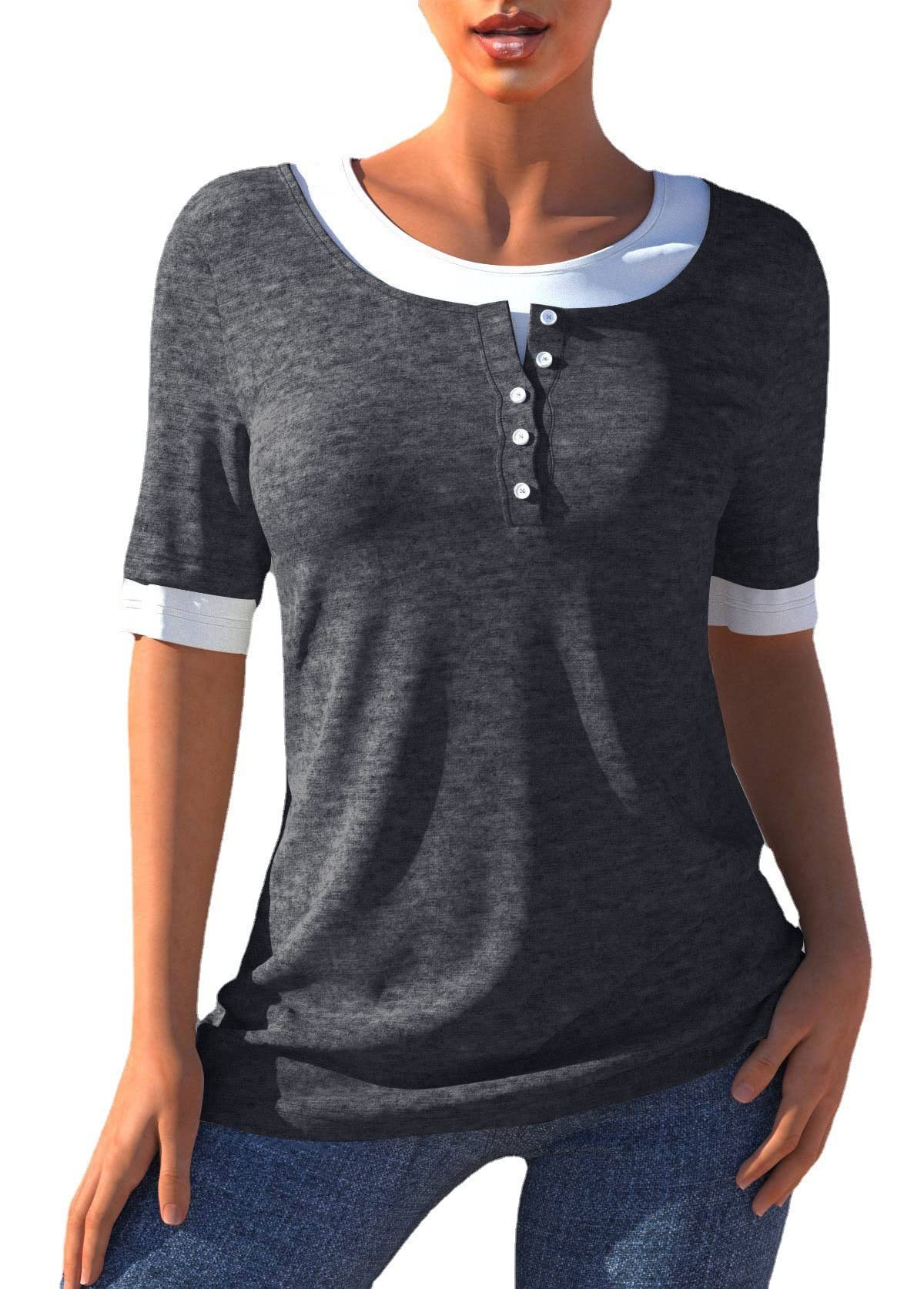 SYOT Women's Half Sleeve Round Neck Solid Color Patchwork T-Shirt Button Faux Two Piece Casual Tops