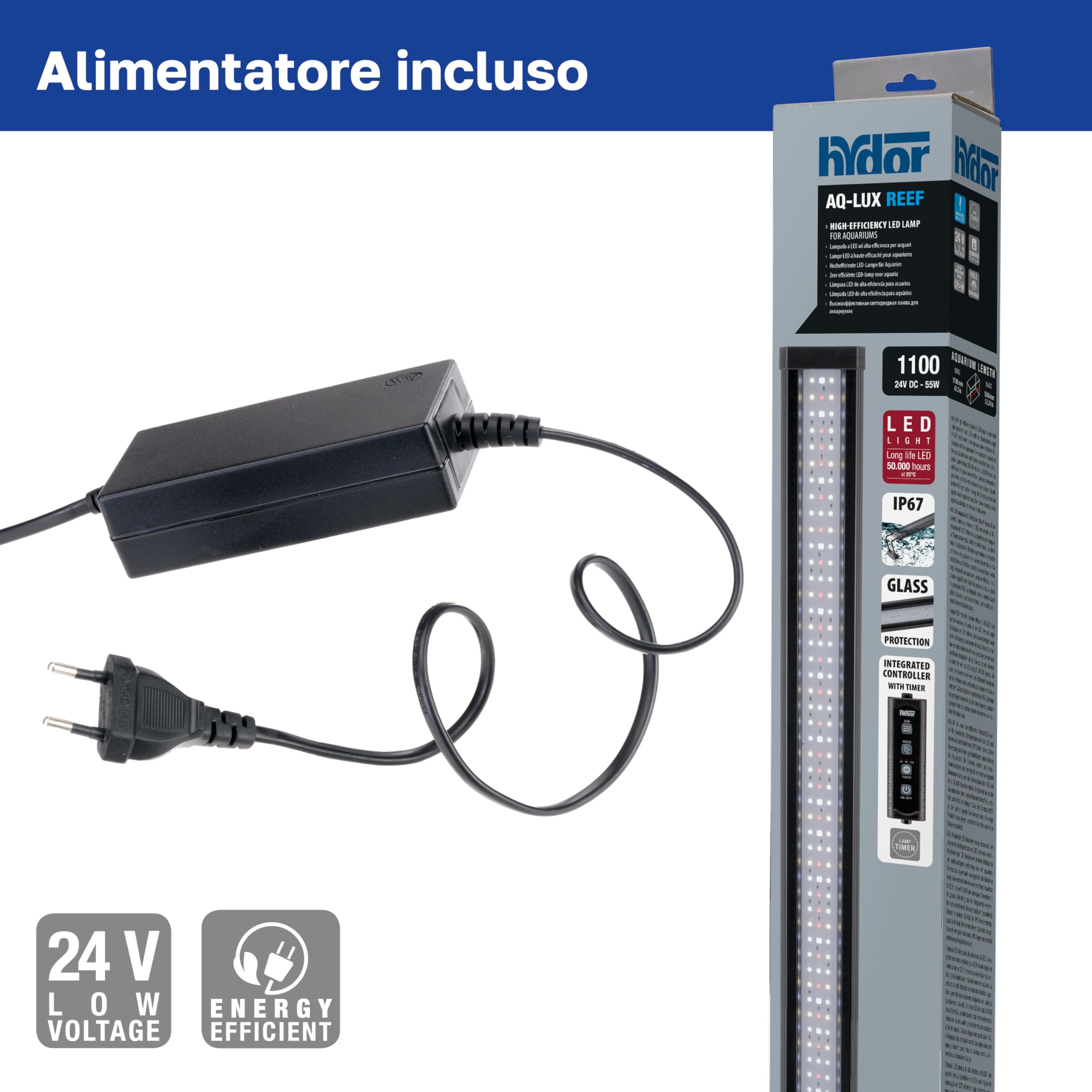 Hydor AQ-LUX REEF 1100 Lampada LED per Acquario Marino 55 W (2200 lm) Spettro professionale, Dimmer e Timer Programmabile, Staffe Regolabili, Alimentatore Incl, IP67, 110 x 8 x h 9,5 cm