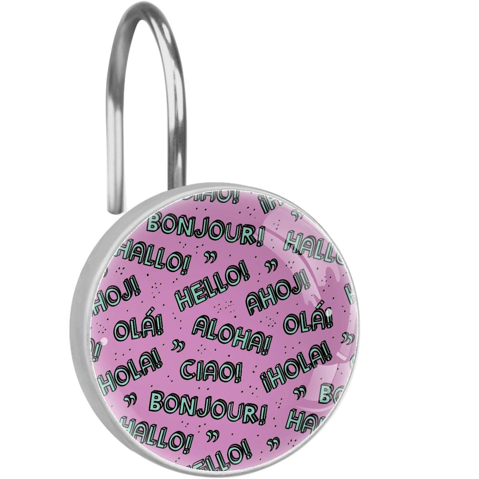 Rideau de douche original avec 12 crochets rose en acier inox