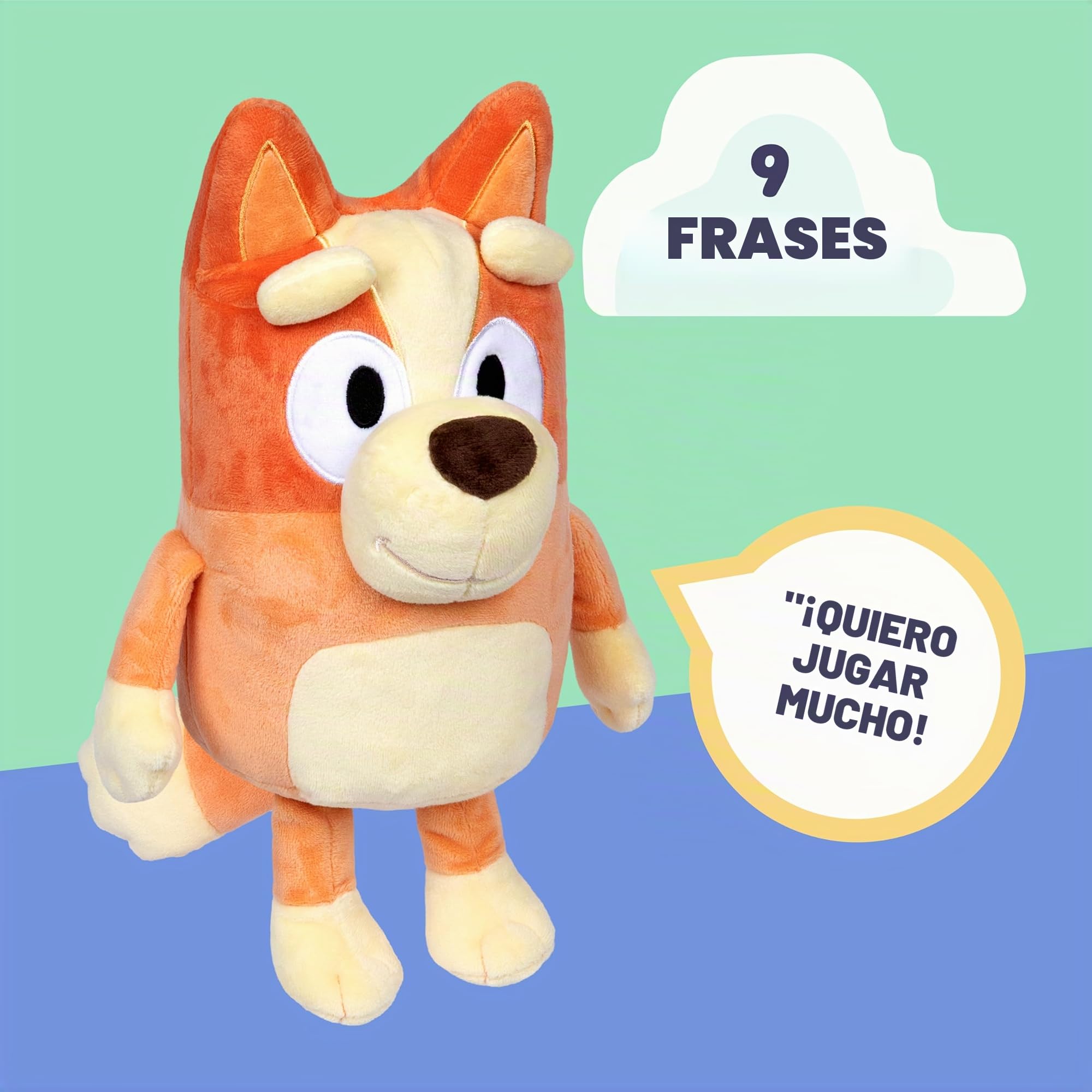 Bluey - Peluche de Bingo parlante de 12 Pulgadas - Interactivo - Canta Junto con el Bingo, 9 Frases Diferentes, Multicolor, 17137