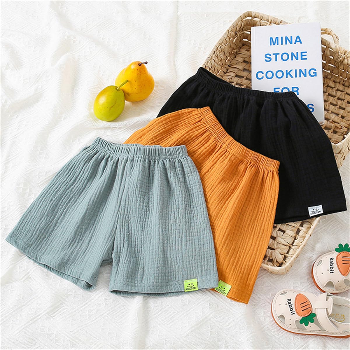 Lot de 3 Short en Gaze de Coton Bébé Pantalon Court à Taille Élastique en Coton et Lin Short d'été Décontracté Couleur Unie pour Bébé Enfants Fille Garçon 1-11 Ans Vêtements d'été