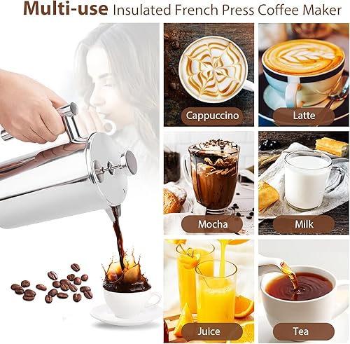 Miniatura 5 de Cafetera de prensa francesa de 34 onzas, 33.8 fl oz de acero inoxidable con doble aislamiento, cafetera de 8 tazas de café expreso, olla portátil