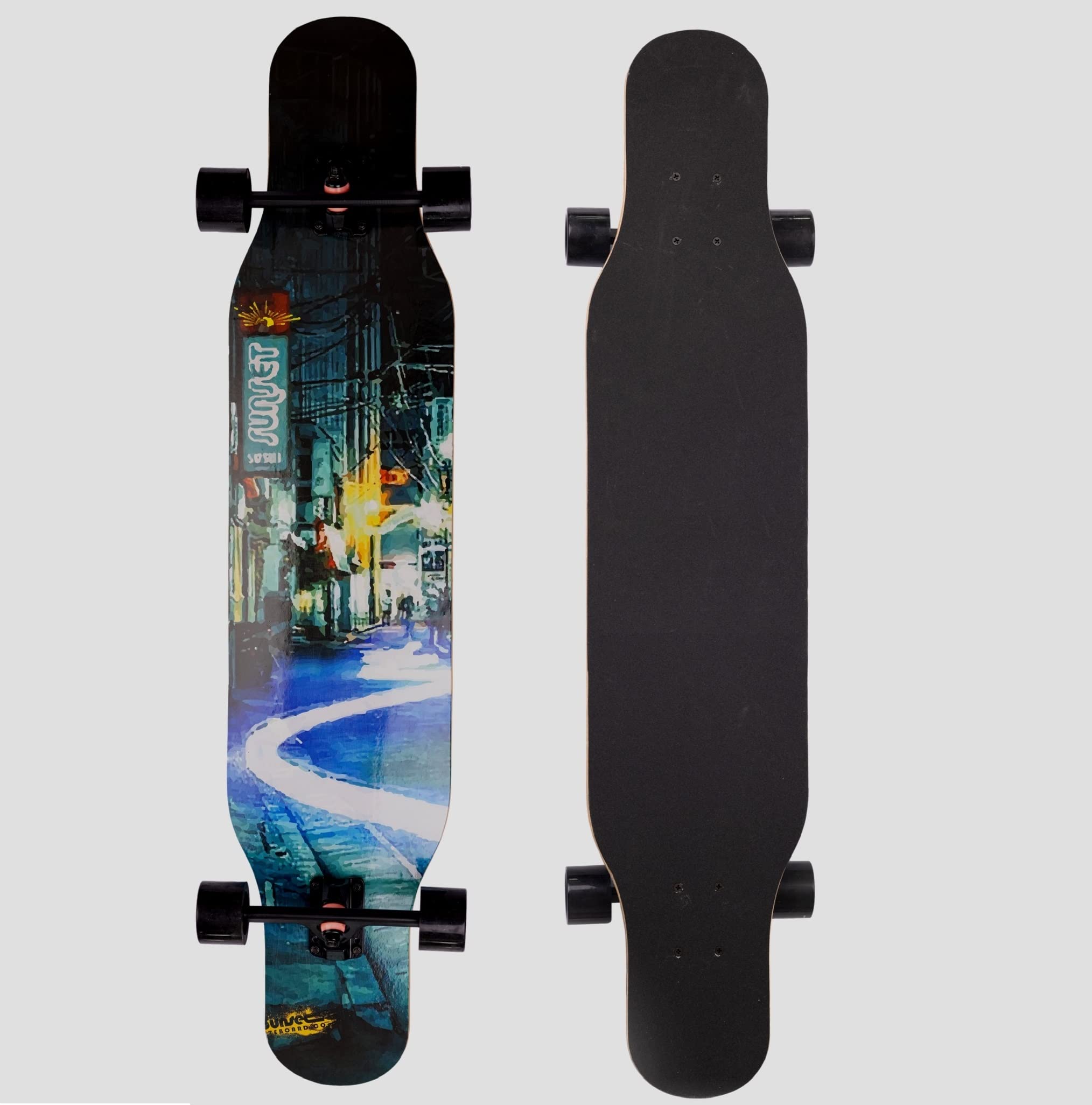 TOKYO Longboard complet de 107 cm pour CRUISING , CARVING et DANCING en ville. Planche en érable, arbres en aluminium et roulements ABEC-9. Pour tous les niveaux, adolescents et adultes.