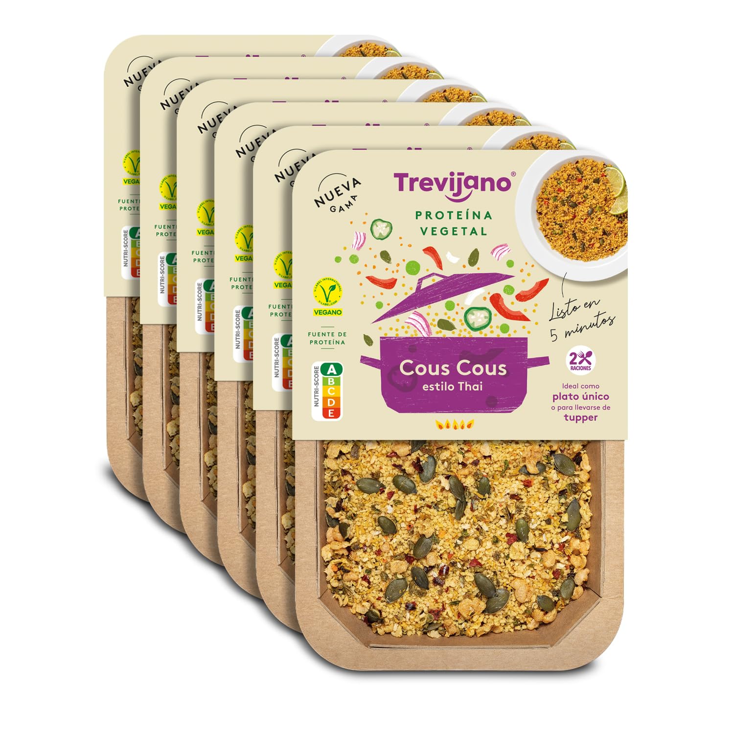 Cous Cous estilo Thai Trevijano, 6 bandejas de 250g cada una. Rapido, Saludable y además sólo lleva ingredientes naturales. Ningún aditivo.