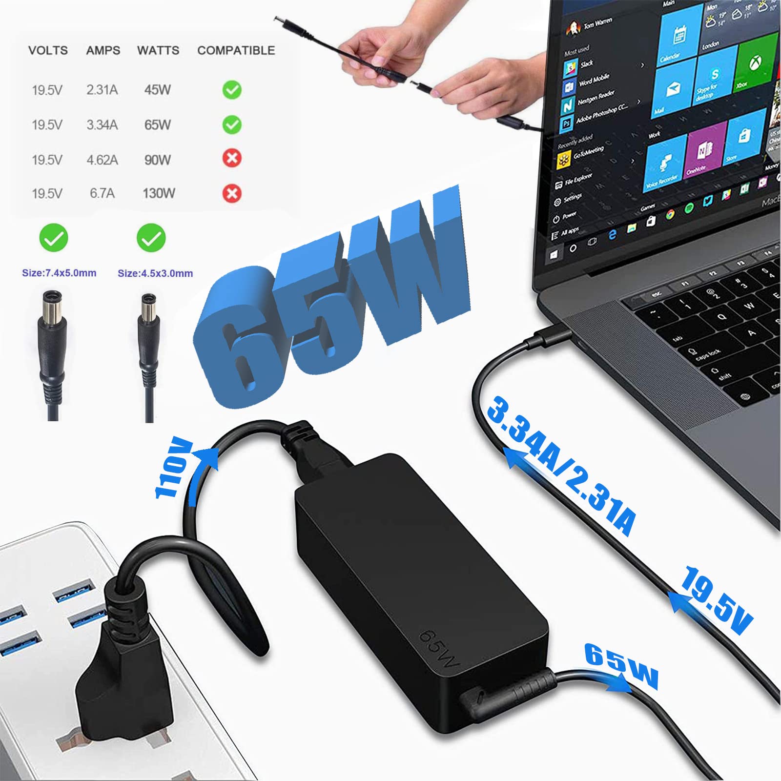 65W Ac Adapter 4.5mm Tip for Dell Inspiron 15 3000 5000 Series 3501