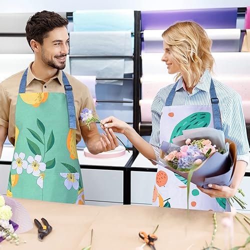 Miniatura 7 de ATROPOS Paquete de 2 delantales florales para mujer con bolsillos, delantales de cocina para mujer, delantales de cocina ajustables, delantales de