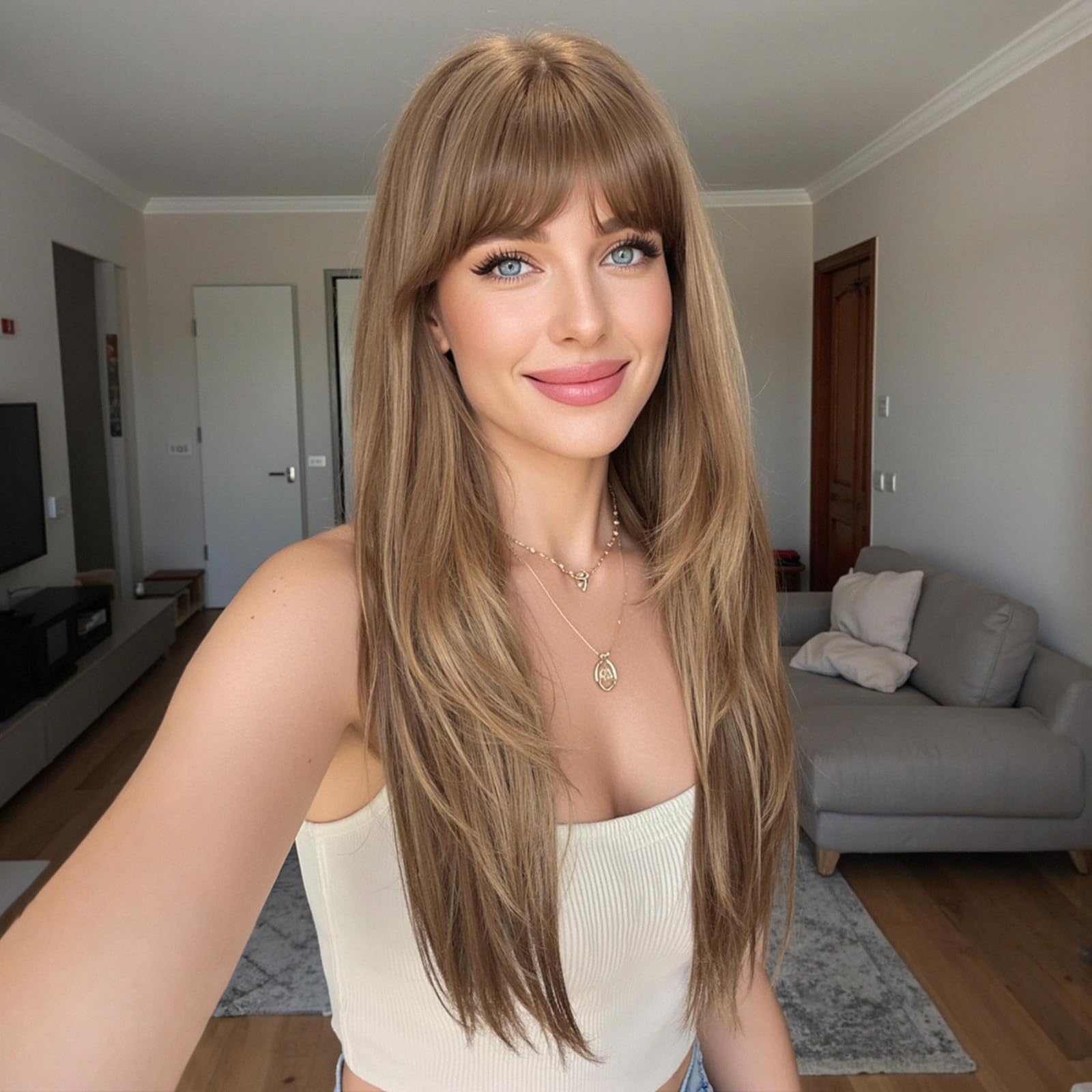 HAIRCUBE Long Straight Wigs for Women Light Brown Color Layered Synthetic Wig with Fringe for Daily, 22 inches