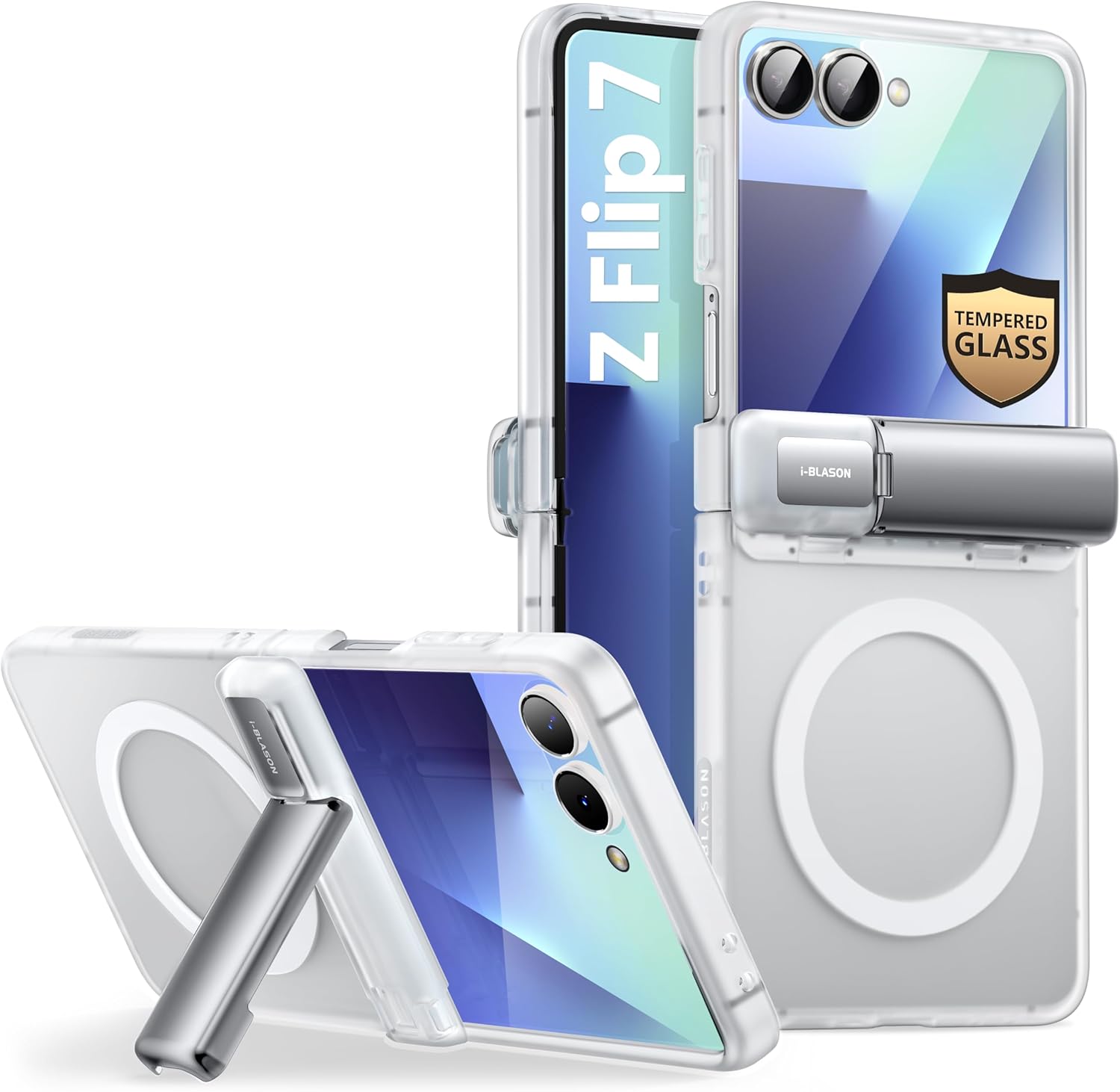 i-Blason for Samsung Galaxy Z Flip 7 Case with Stand [Tempered Glass Screen Protector] [Hinge Protection] [Support Wireless Charging] Slim Matte Protective Magnetic Phone Case for Z Flip 7, Clear
