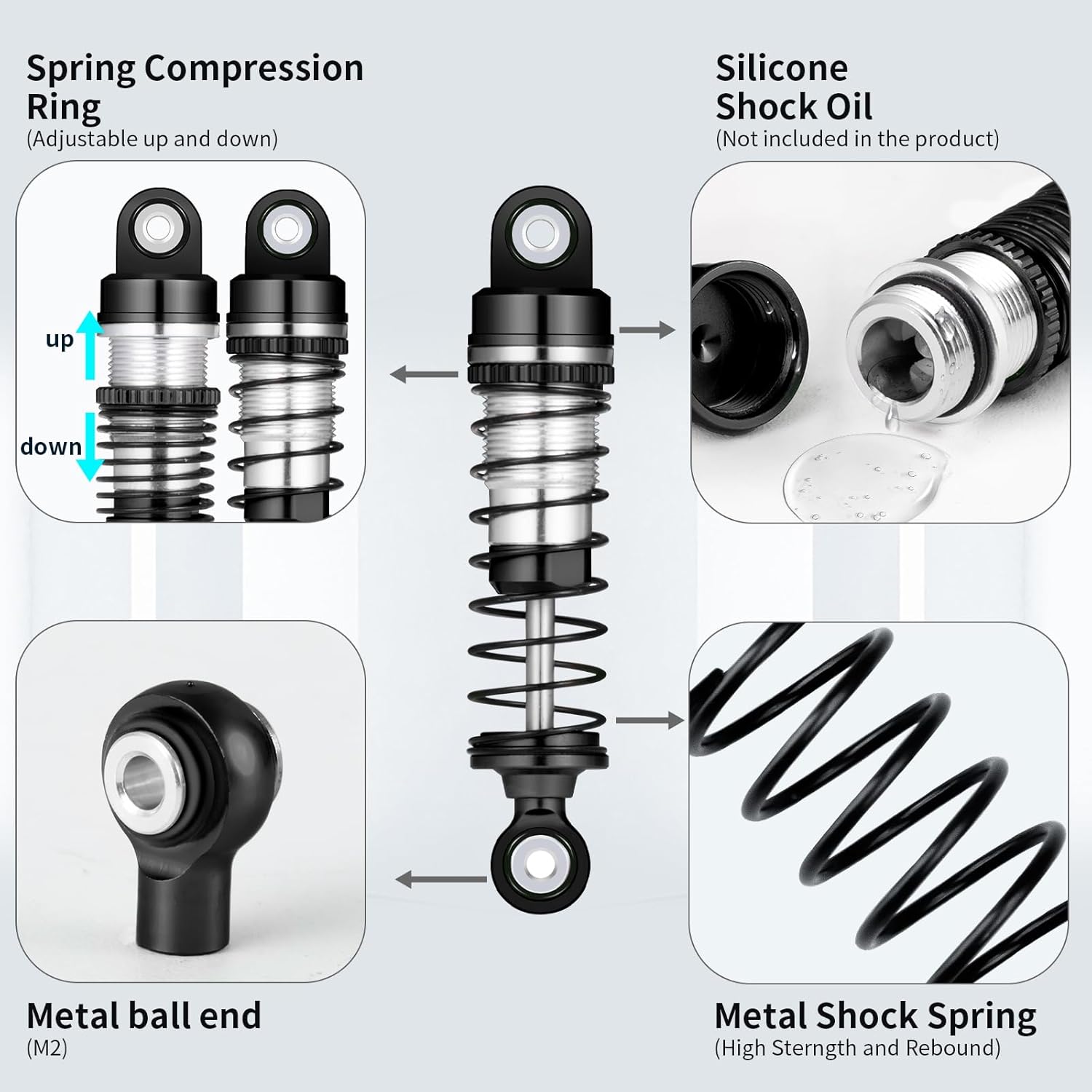 4PCS RC Car 42MM Threaded Shock Absorber Oil Damper RC Shocks Oil Threaded Damper Set for 1/18 RC Crawler FMS FCX18 LC80 Upgrade Parts (Black)
