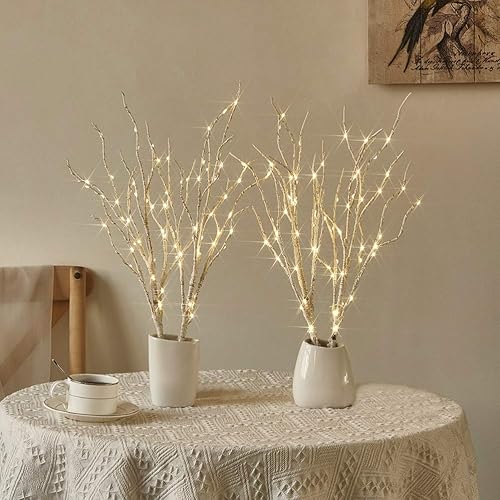Fudios Ramas de abedul iluminadas de 18 pulgadas, 70 luces LED blancas cálidas con temporizador, funciona con pilas, para decoración de Navidad,