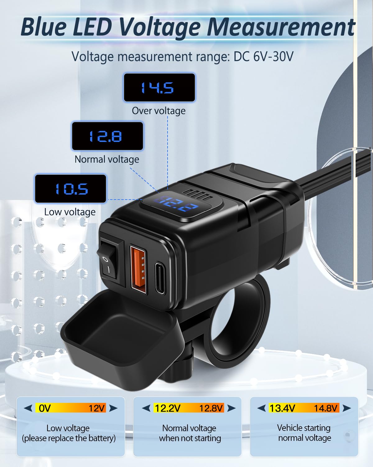 EXTRACTME Ładowarka do telefonu motocyklowego, 6,4 A, podwójne USB typu C PD i szybkie ładowanie 3.0, motocyklowa, ładowarka USB z woltomierzem i włącznikiem/wyłącznikiem, wodoodporne akcesoria
