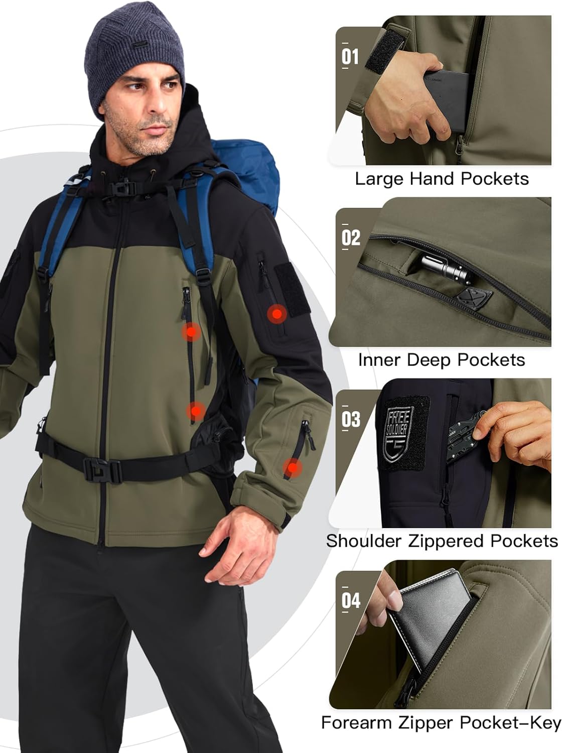 FREE SOLDIER Men's Outdoor Waterproof Soft Shell Hooded Military Tactical Jacket - Image 4