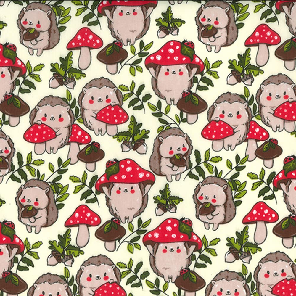 Oh Sew Crafty Limited Cream Polycotton Fabric Hedgehog Mushrooms Toadstool Cottagecore Fairytale Forest (Sold Per Metre) (Cream)