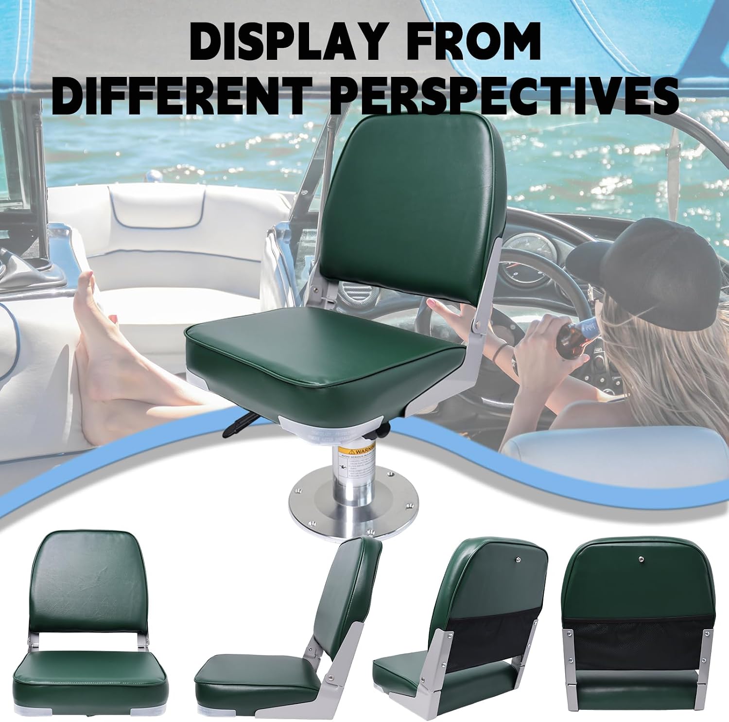 Folding Boat Seat Low Back Boat Chair Fold-Down Fishing Boat Seats 2 Pack with Storage Bag (Green)