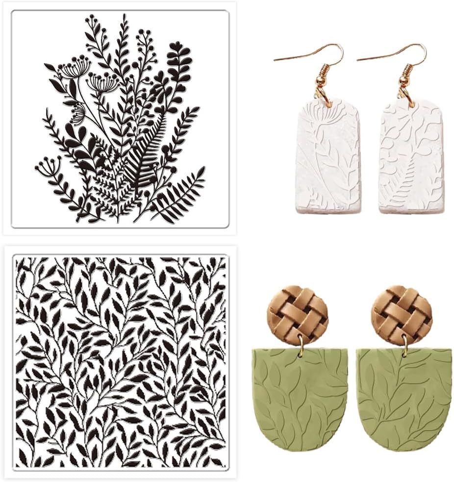CRASPIRE 2Pcs Polymer Clay Texture Sheets Leaves Plant Handmade Clear Silicone Texture Mat Reusable Waterproof Transparent Embossing Folders Stamps for Making Earrings Decklaces Jewerly DIY Craft Gift