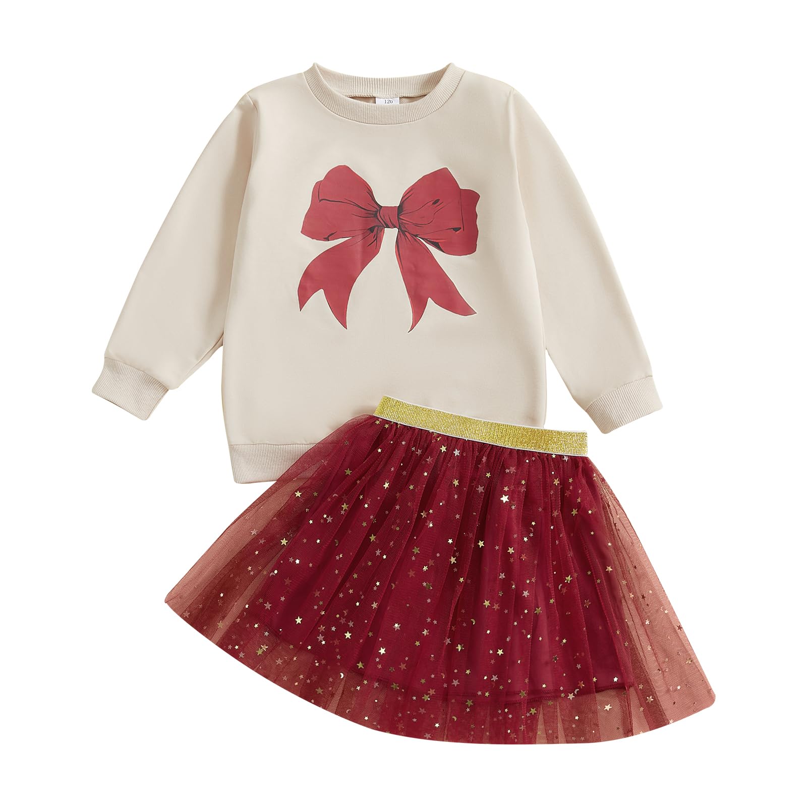 ZAXARRA Toddler Baby Girl Outfit Long Sleeve Embroidery Sweatshirt Tulle Dress Skirt Sets Clothes (Red Christmas Bow, 6-7 Years)