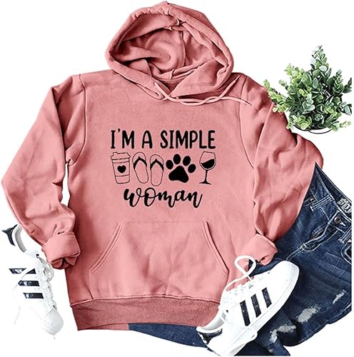 Miniatura 4 de BOYRMSLGY Sudaderas casuales con capucha para mujer, con texto en inglés "I A Simple Woman", para café, perro, playa, vino, gráfico, estampado,
