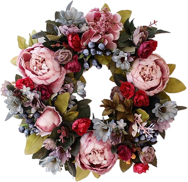 14" Door Wreaths, Artificial Peony Hydrangea Flower Front Door Wreaths for Spring and Summer All Seasons Floral Wreath Round Twigs Vine Hanging for Farmhouse Office Home Wedding Decor