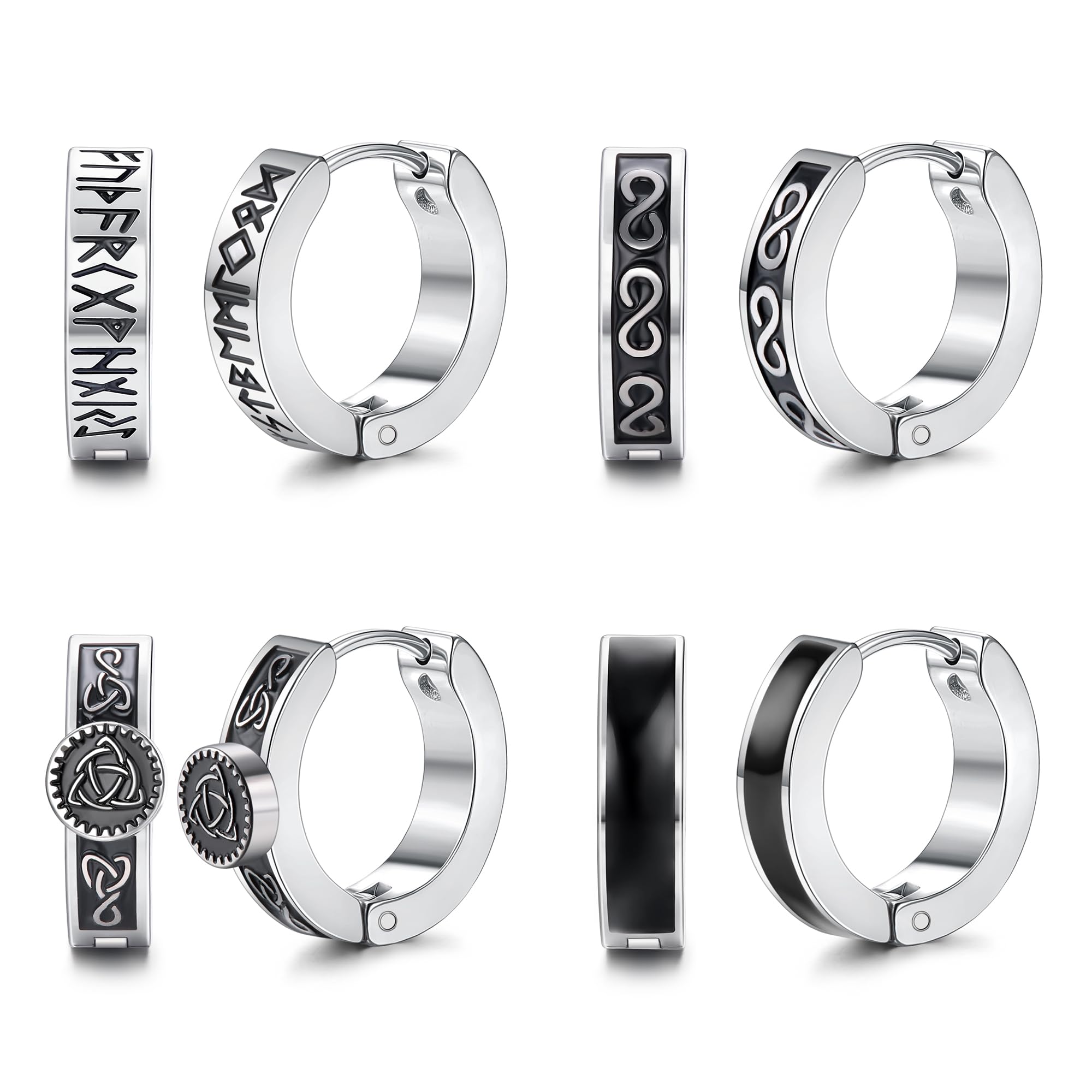 MILACOLATO 4 pares Viking Aro Pendientes para Hombre Mujer Aro Vikingo de Acero Inoxidable Pendientes Clicker con Bisagras Pequeños Vikingos Nórdicos Pendientes de Aro Negro para Hombre Joyería 12mm